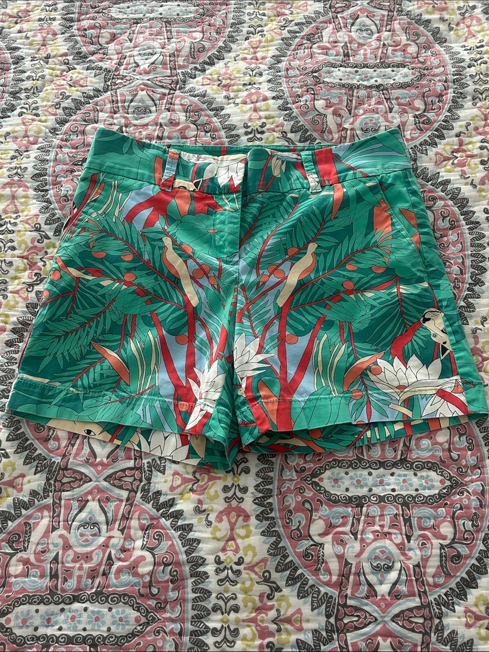 Talbots Green Tropical Floral Shorts with Coral and Red Accents
